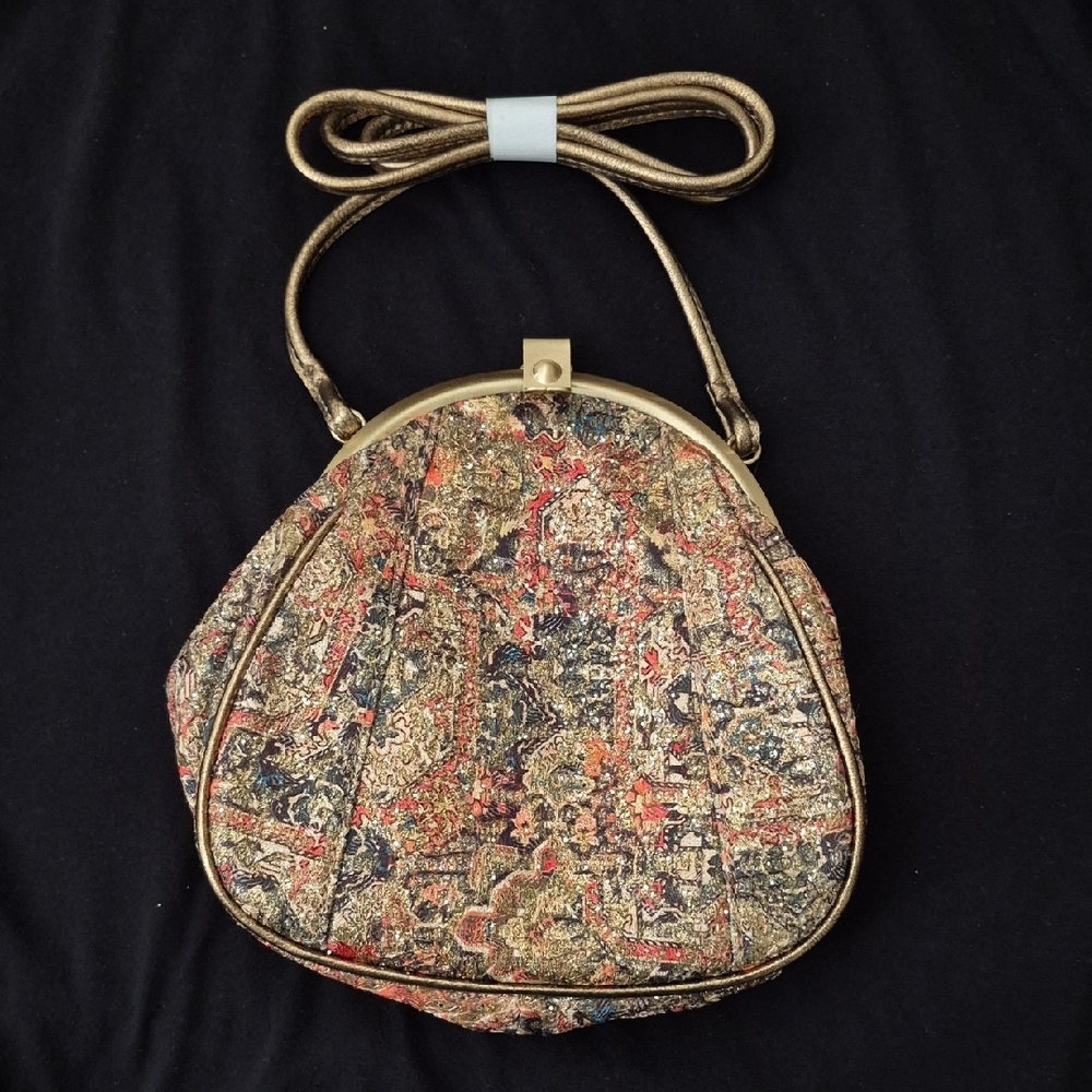 Patricia Nash Crossbody Bag. Gold and Multicolored Tapestry. Glittering Highlite